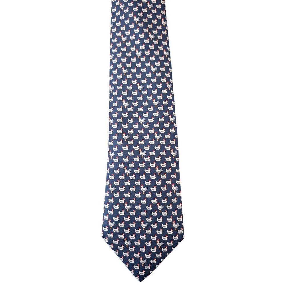 NWOT Rare Vintage Hermès 100% Silk Men's Blue Tie With Hens & Roosters